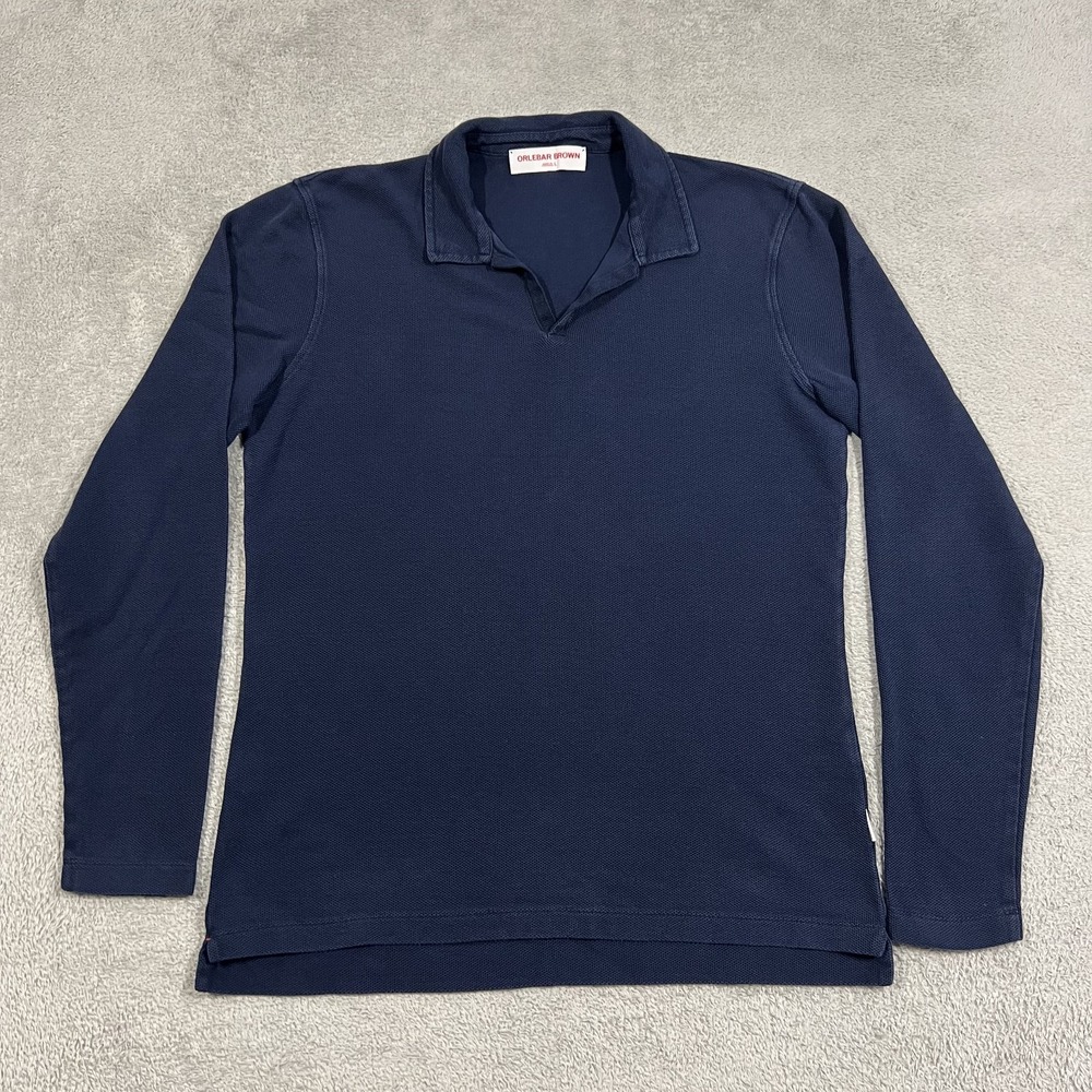 Orlebar Brown Polo Shirt Mens Large Blue Long Sleeve V Neck Cotton